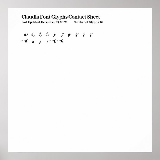 Claudia Schriftart Glyphs Kontaktblatt Poster (Vorne)