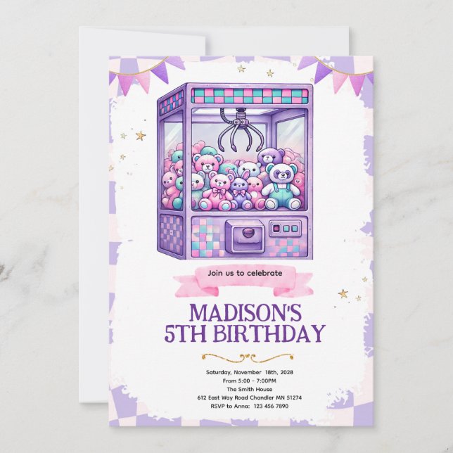 Claw machine arcade party invitation (Devant)