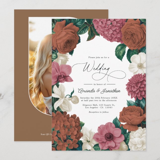 Clay Terracotta, Desert Rose & Pale Oat Wedding Einladung (Vorne/Hinten)