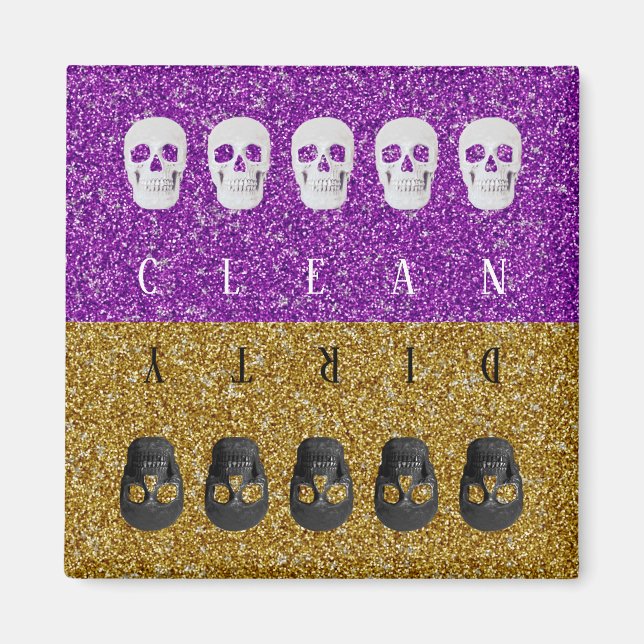 Clean Dirty Skulls Gold Lila Cooler Glitzer Magnet (Vorne)