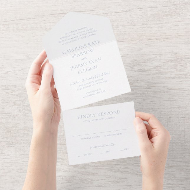 Clean Dusty Blue Elegante Hochzeit All In One Einladung (Abreißen)