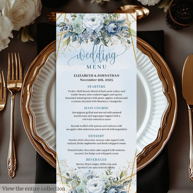 Clean Dusty Blue Gold Rahmen Blumenmenü Menükarte (Clean Dusty Blue Gold Frame Floral Wedding Menu)