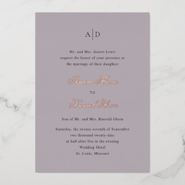 Clean Dusty Lilac Classic Wedding Folieneinladung (Vorderseite)