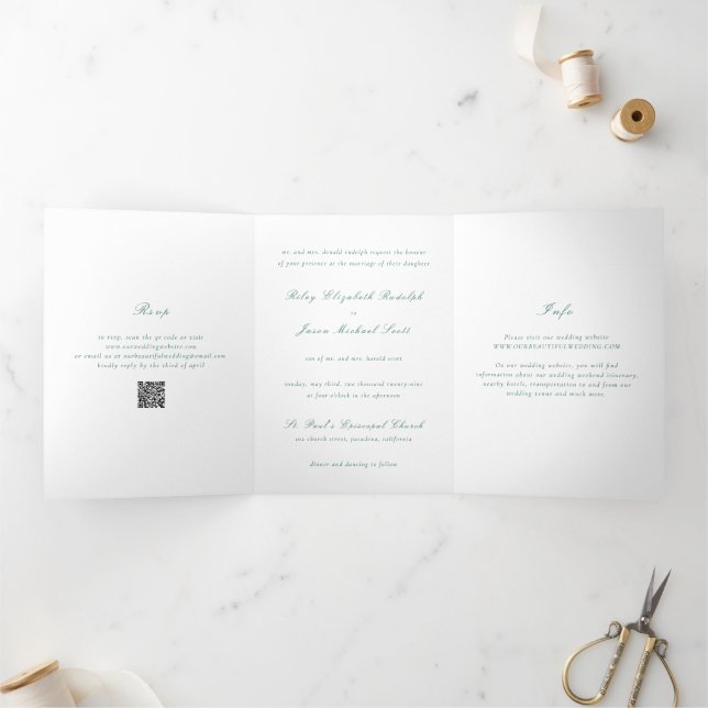 Clean Emerald Green QR Code Elegante Hochzeit Dreifach Gefaltete Einladung (Innenseite)