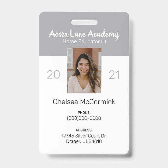 Clean Gray Homeschool Educator ID Abzeichen Ausweis (Vorderseite)
