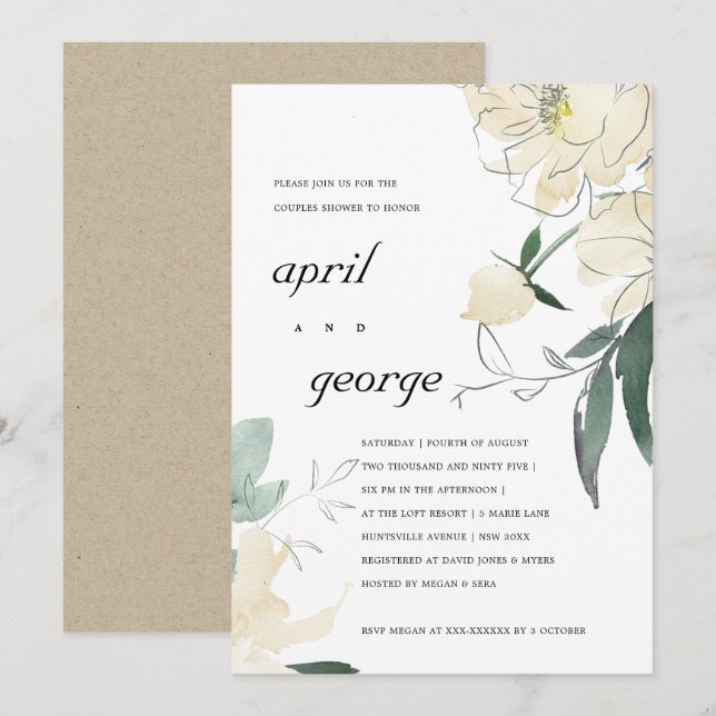 CLEAN IVORY GREEN FLORAL COUPLES DUSCHE EINLADEN DANKESKARTE (Vorne/Hinten)