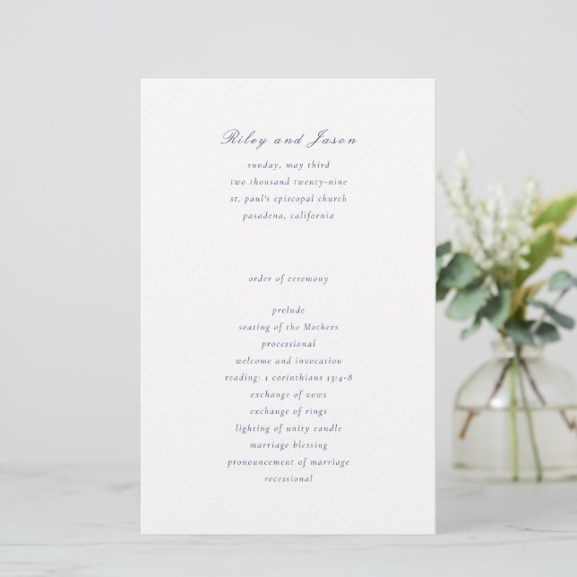 Clean Navy Blue Elegant Hochzeitsprogramm (Stehend Vorderseite)