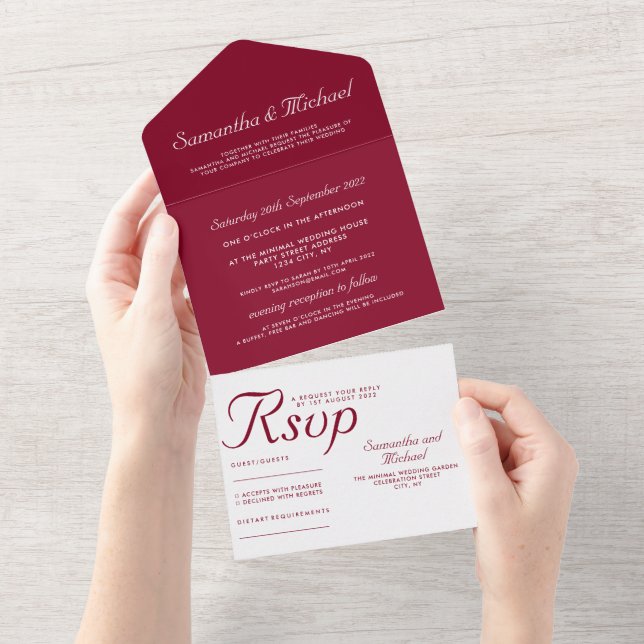Clean simple Burgundy white wedding All In One Einladung (Abreißen)