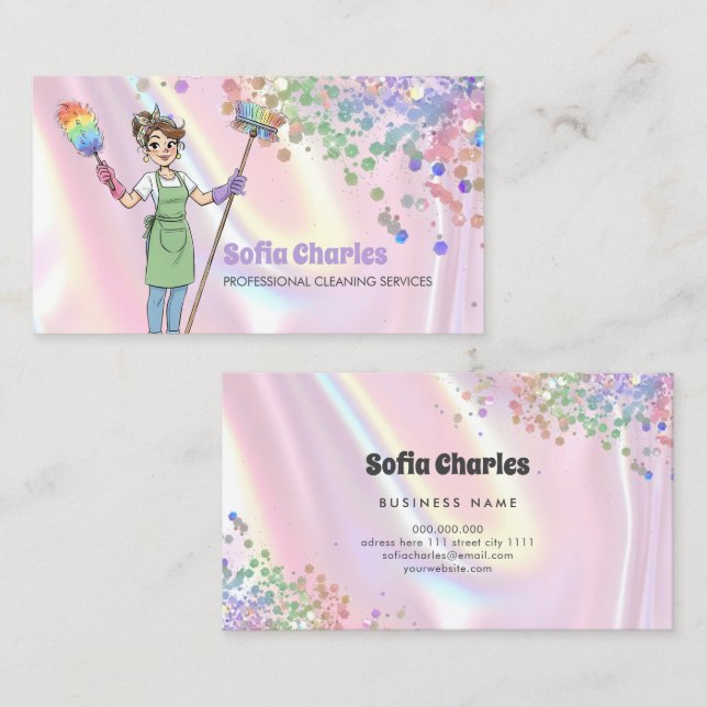 Cleaning Lady Maid Holographic Glitter Pink Visitenkarte (Vorne/Hinten)