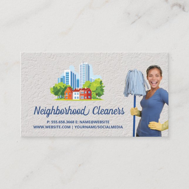 Cleaning | Maid Holding Mop | City Buildings Visitenkarte (Vorderseite)