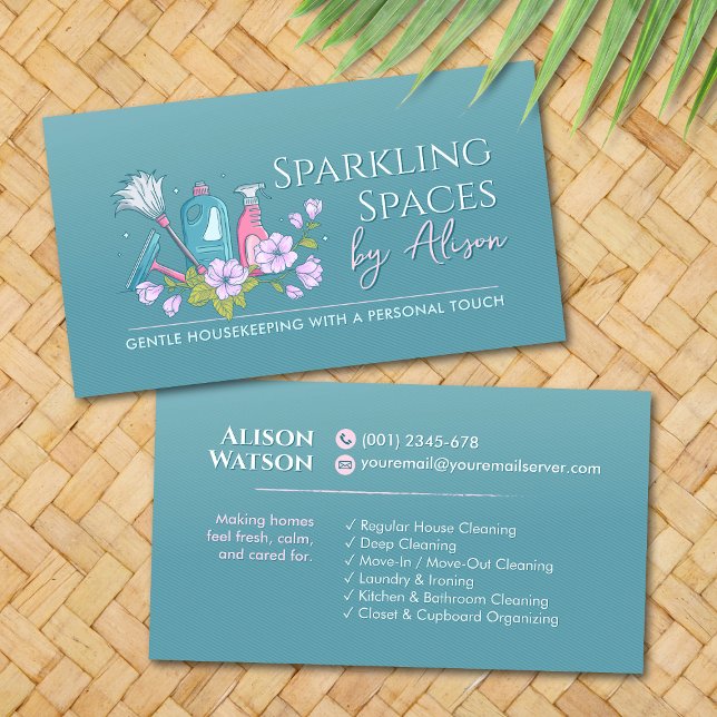 Cleaning Services - Elegant Floral Teal and Pink Visitenkarte (Von Creator hochgeladen)