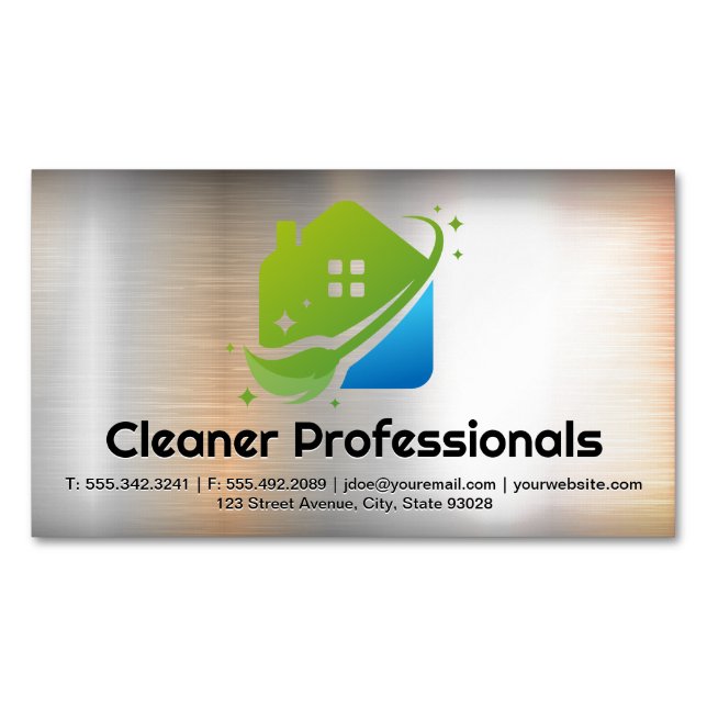 Cleaning Services House Logo | Metal Background Magnetische Visitenkarte (Vorderseite)
