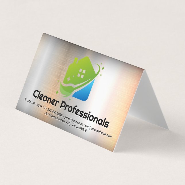 Cleaning Services House Logo | Metal Background Visitenkarten (Vorderseite)
