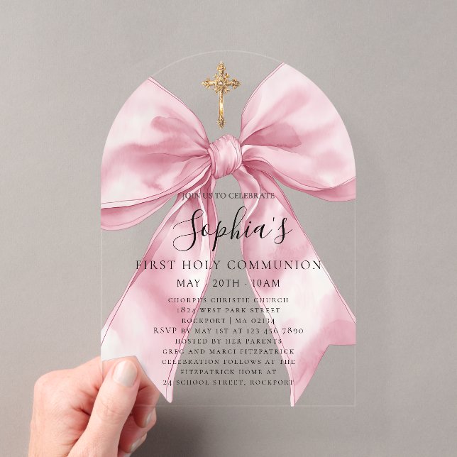 Clear Acrylic Girl's First Communion Pink Bow Arch Acryleinladungen (Insitu (Handheld))