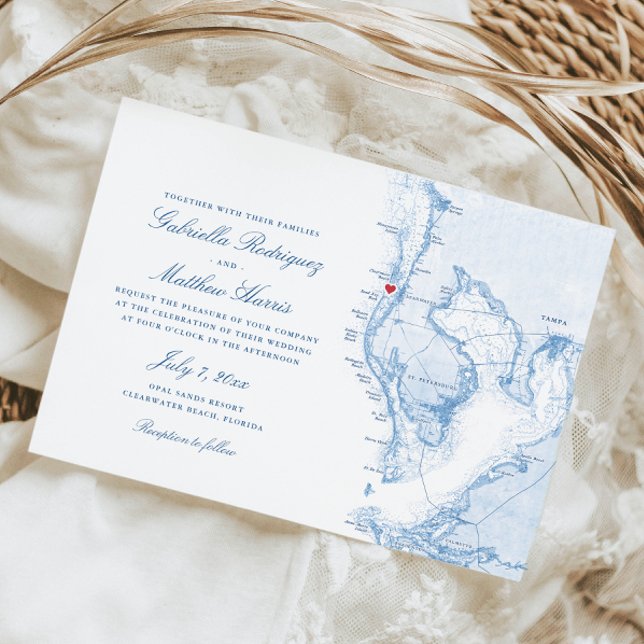 Clearwater Beach FL Elegant Blue Map Wedding Einladung (Clearwater Beach wedding invitations with watercolor Tampa Bay map illustration
)