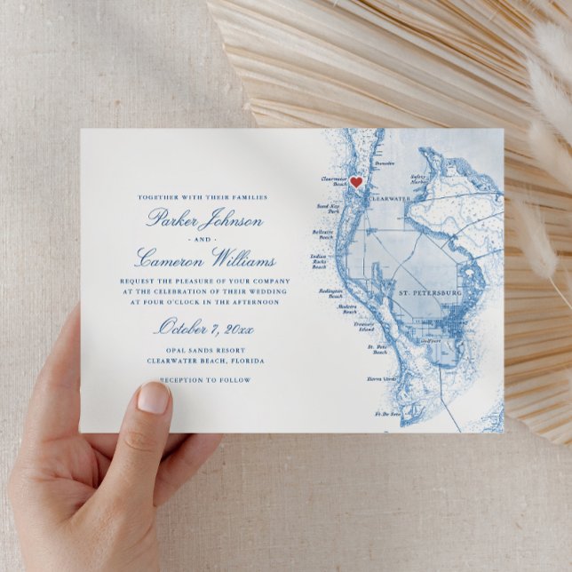 Clearwater Beach FL Karte Elegant Blue Wedding (Clearwater Beach FL Map Wedding Invitation in Elegant Navy Blue from Coastal Map Designs )