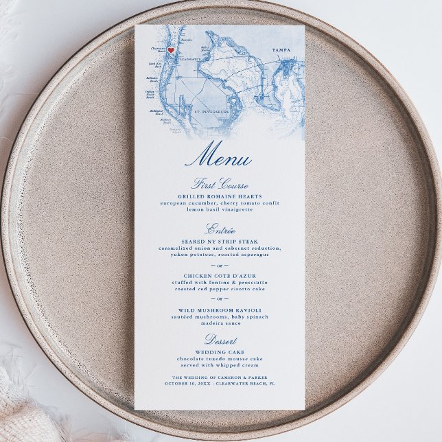 Clearwater Beach FL Map Elegant Navy Blue Wedding Menükarte (Clearwater Beach FL Wedding Menu in Elegant Navy Blue from Coastal Map Designs)