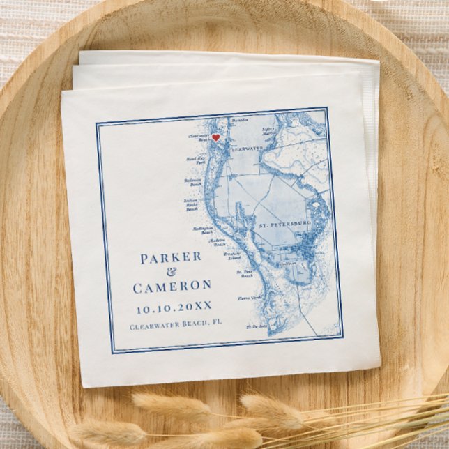 Clearwater Beach FL Map Elegant Navy Blue Wedding Serviette (Clearwater Beach FL Wedding Cocktail Napkins in Elegant navy blue from Coastal Map Designs)