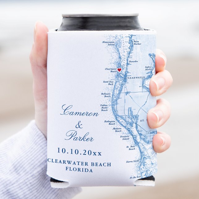 Clearwater Beach FL Map Gastgeschenk Hochzeit Drin Dosenkühler (Clearwater Beach FL Can Coozie Wedding Favor in elegant navy blue from Coastal Map Designs)