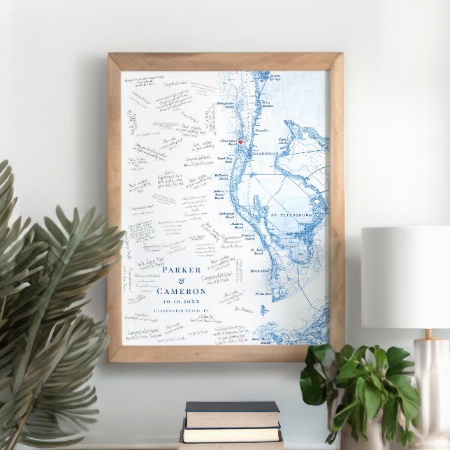 Clearwater Beach FL Map Wedbook Gästebuchplakat Poster (Clearwater Beach FL alternative guest book poster in elegant navy blue from Coastal Map Designs)