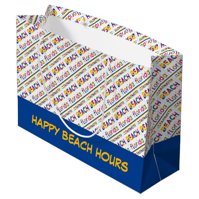Clearwater Beach, Florida. Farbiges Textmuster Große Geschenktüte (Rückseite Schrägansicht)
