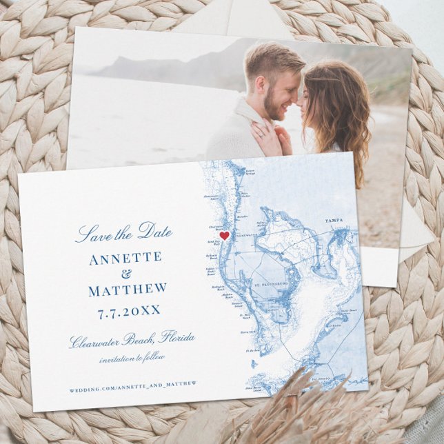 Clearwater Beach Florida Karte Elegant Wedding (These Clearwater Beach Florida save the dates feature an elegant map of Tampa bay and your photo)