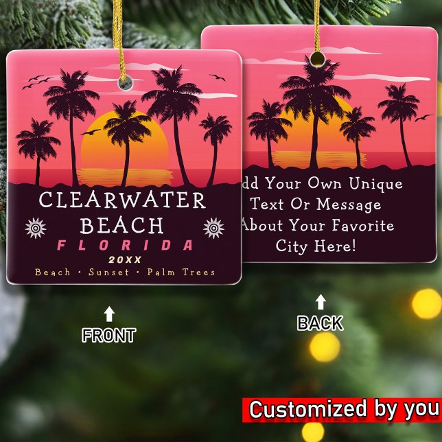 Clearwater Beach Florida Retro Sunset Palm Tree Keramikornament (Von Creator hochgeladen)