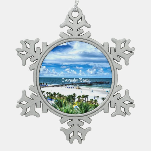 Clearwater Beach, Florida, Urlaubsziel, Schneeflocken Zinn-Ornament (Vorderseite)