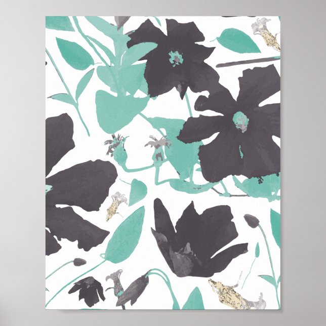 Clematis Aquamarines braunes Muster Kunstdrucken Poster (Vorne)