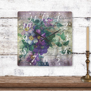 Clematis-Rebe Handschrift-Ephemera Quadratische Wanduhr
