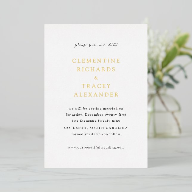 Clementine Elegant Moderne Hochzeit retten Folieneinladung (Stehend vorne)