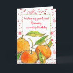 Clementines Fruit Happy Birthday Friend Custom Karte<br><div class="desc">Eine hübsche Geburtstagskarte,  die mit einem Trio aus leuchtend orangefarbenen Clementinen geschmückt ist,  die mit Tinte gezeichnet und mit Aquarellfarbe auf einem roten Aquarellhintergrund gestrichen wurden. Eine fröhliche Karte,  um sich mit Namen und Nachricht für eine besondere Person in Ihrem Leben anpassen!</div>