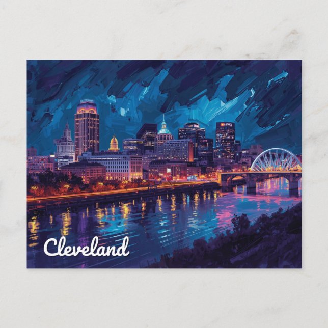 Cleveland Ohio Night River Art Postkarte (Vorderseite)