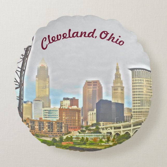 Cleveland, Ohio River Skyline Round Pillow Rundes Kissen (Vorderseite)