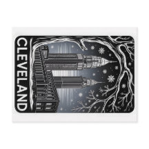 Cleveland Ohio Skyline Winter Holzschnitt Schwarz&
