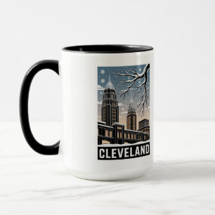 Cleveland Ohio Skyline Winter Holzschnitt Schwarz& Tasse