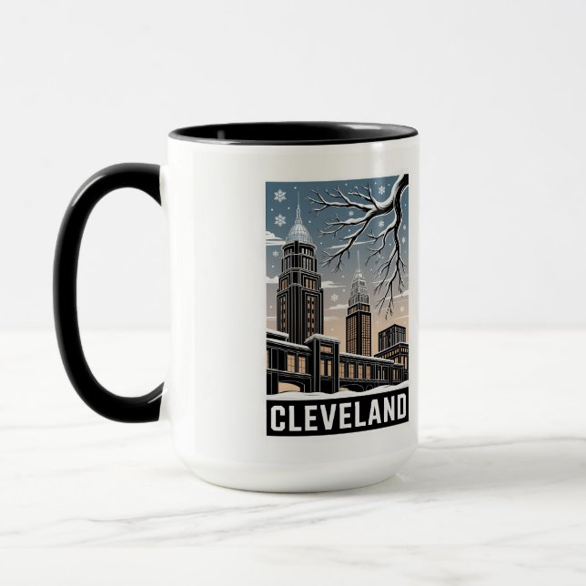 Cleveland Ohio Skyline Winter Woodcut Black&White Tasse (Links)