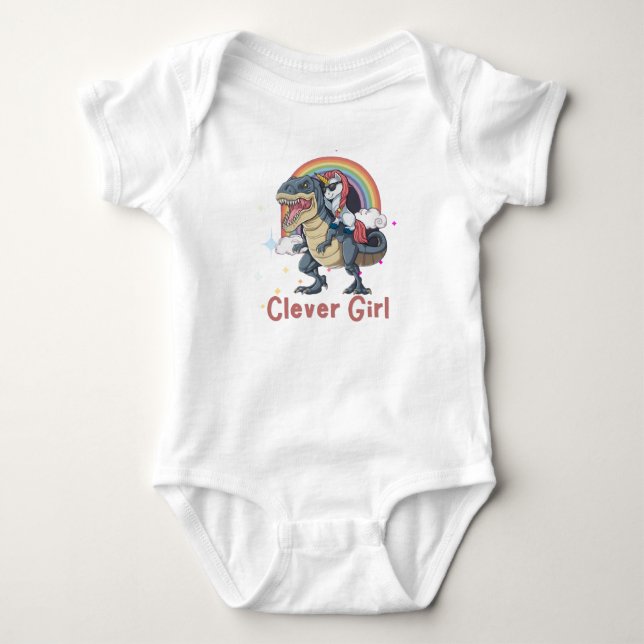 Clever Girl - Unicorn Riding Dinosaur Edition Baby Strampler (Vorderseite)
