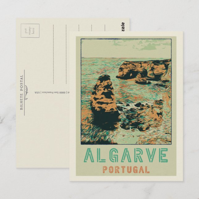 Cliff Küste Illustration Algarve Portugal Postcard Postkarte (Vorne/Hinten)
