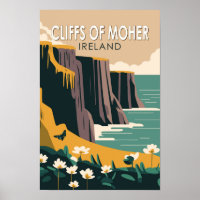 Cliffs of Moher Ireland Floral Travel Art Vintag