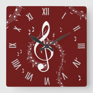Climactic G Clef Music Red Roman Numerals Quadratische Wanduhr