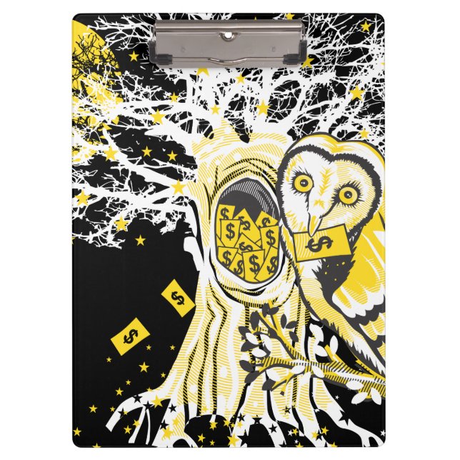 Clipboard Urban Tree Owl & Wealth Surreal Pop-Art Klemmbrett (Vorderseite)