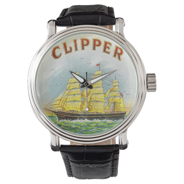 Clipper Sailing Ship Vintag Cigar Box Label Armbanduhr (Vorderseite)