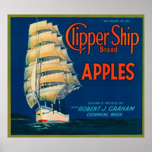 Clipper Ship Apple Label (grün) - Cashmere, WA Poster (Vorne)