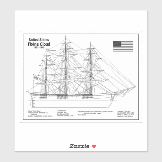 Clipper Ship Flying Cloud - Ship Blueprint BD Aufkleber (Blatt)