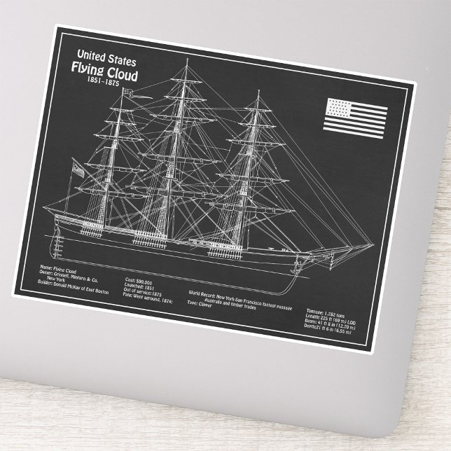 Clipper Ship Flying Cloud - Ship Blueprint PD Aufkleber (Clipper Ship Flying Cloud - Ship Blueprint PD. Sticker)