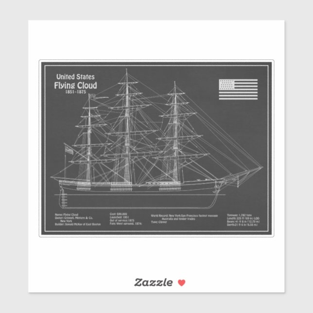 Clipper Ship Flying Cloud - Ship Blueprint PD Aufkleber (Blatt)