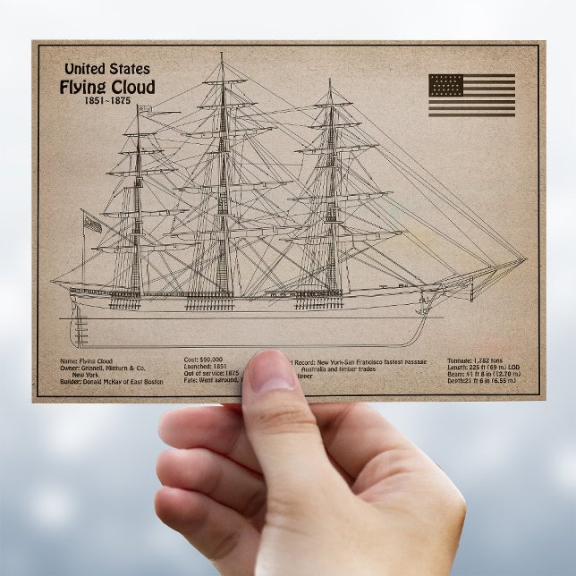Clipper Ship Flying Cloud - Ship Blueprint SD Postkarte (Clipper Ship Flying Cloud - Ship Blueprint SD. Postcard)