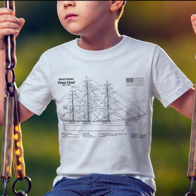 Clipper Ship Flying Cloud - Ship Blueprint SD T-Shirt (Clipper Ship Flying Cloud - Ship Blueprint SD. Boy Basic White T-Shirt)