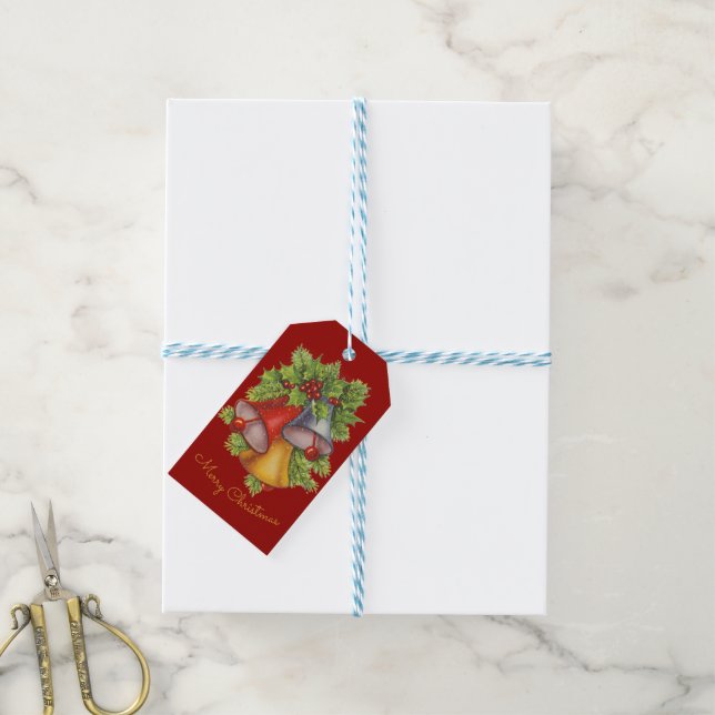 Cloches de Noël sur les étiquettes cadeaux d'or (Avec de laficelle)